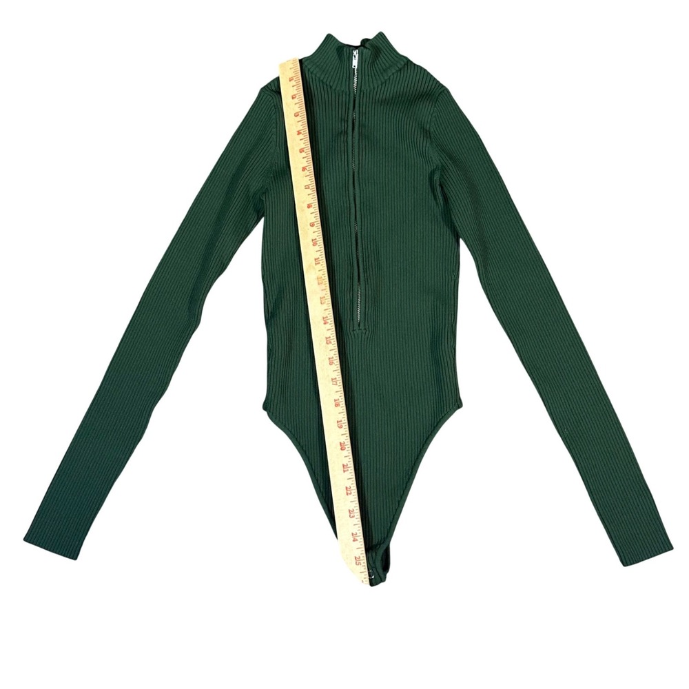 Good American Virgo Bodysuit NWOT Women's S Green Ribbed 1/4 Zip Mock Neck Thong - Picture 4 of 9